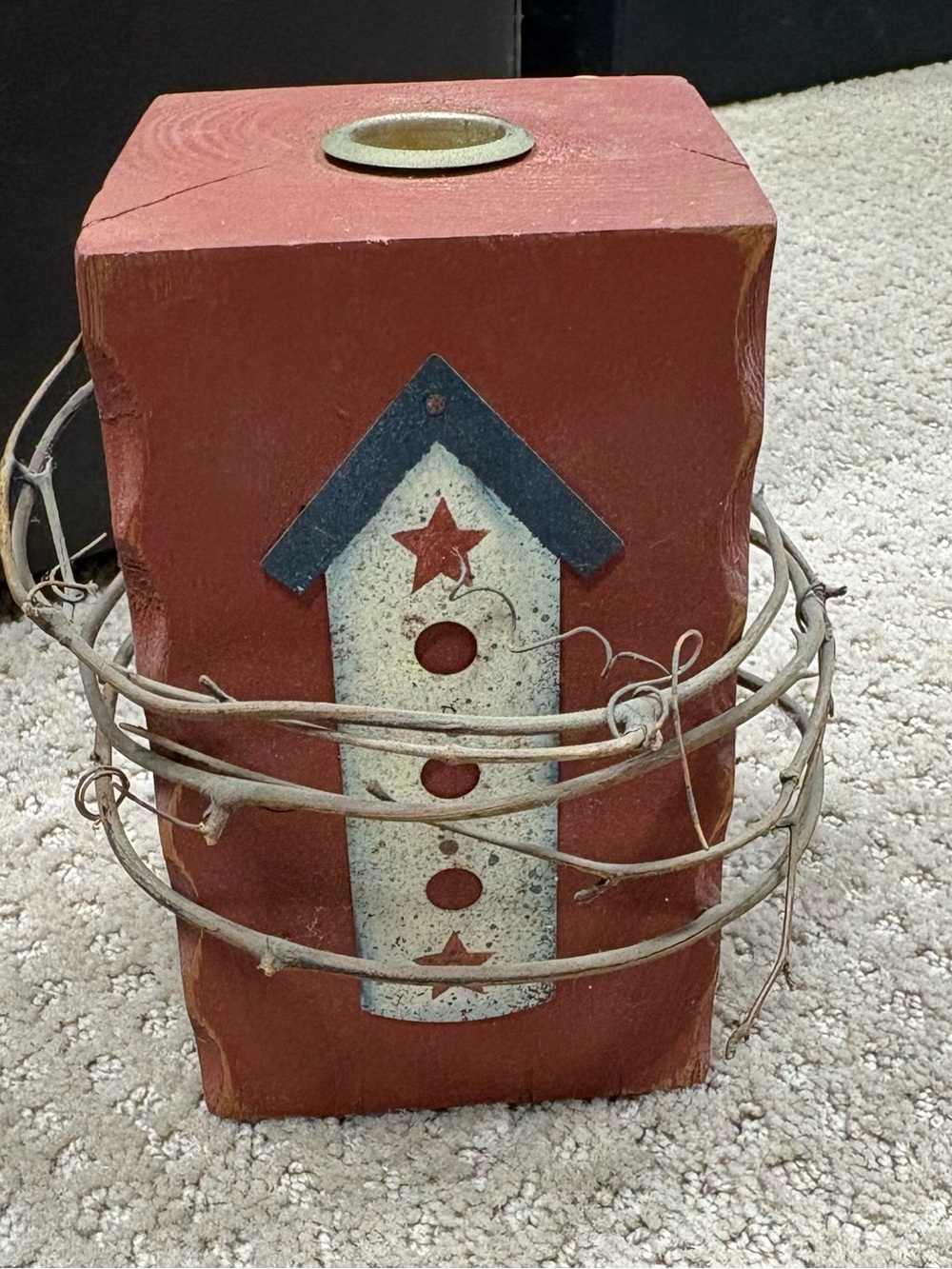 Rust Red Decorative Candle Holder with Birdhouse Accent and Grapevine Wrap